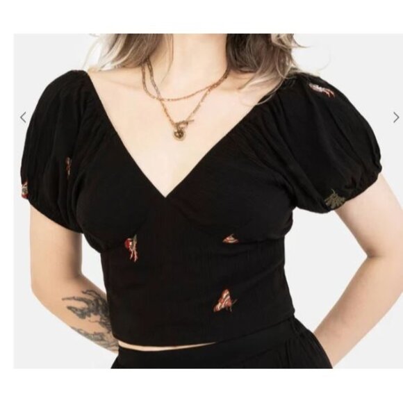 Disturbia Copia Moth Embroidered Cotton Puff Sleeve Top Women Size US 8 NWT - Picture 1 of 14